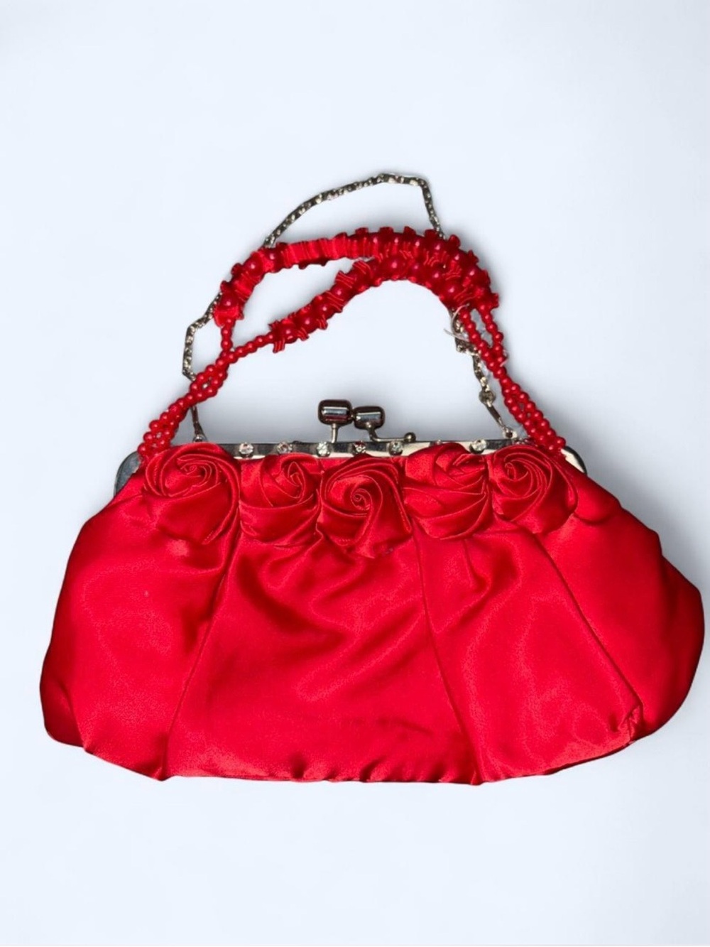 Elegant Red Satin Floral Evening Bag